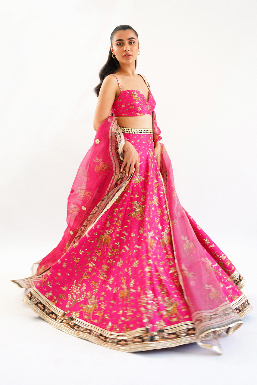 Deep Candy Pink Gota Embroidered Raw Silk Lehenga (3-Piece) - Image 3