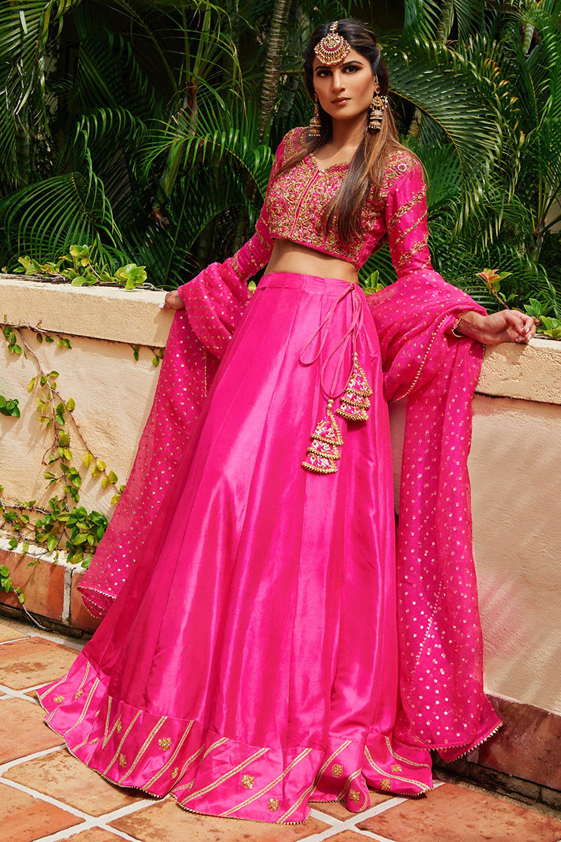 Fuchsia Pink Embroidered Raw Silk Lehenga (3-Piece) - Image 1