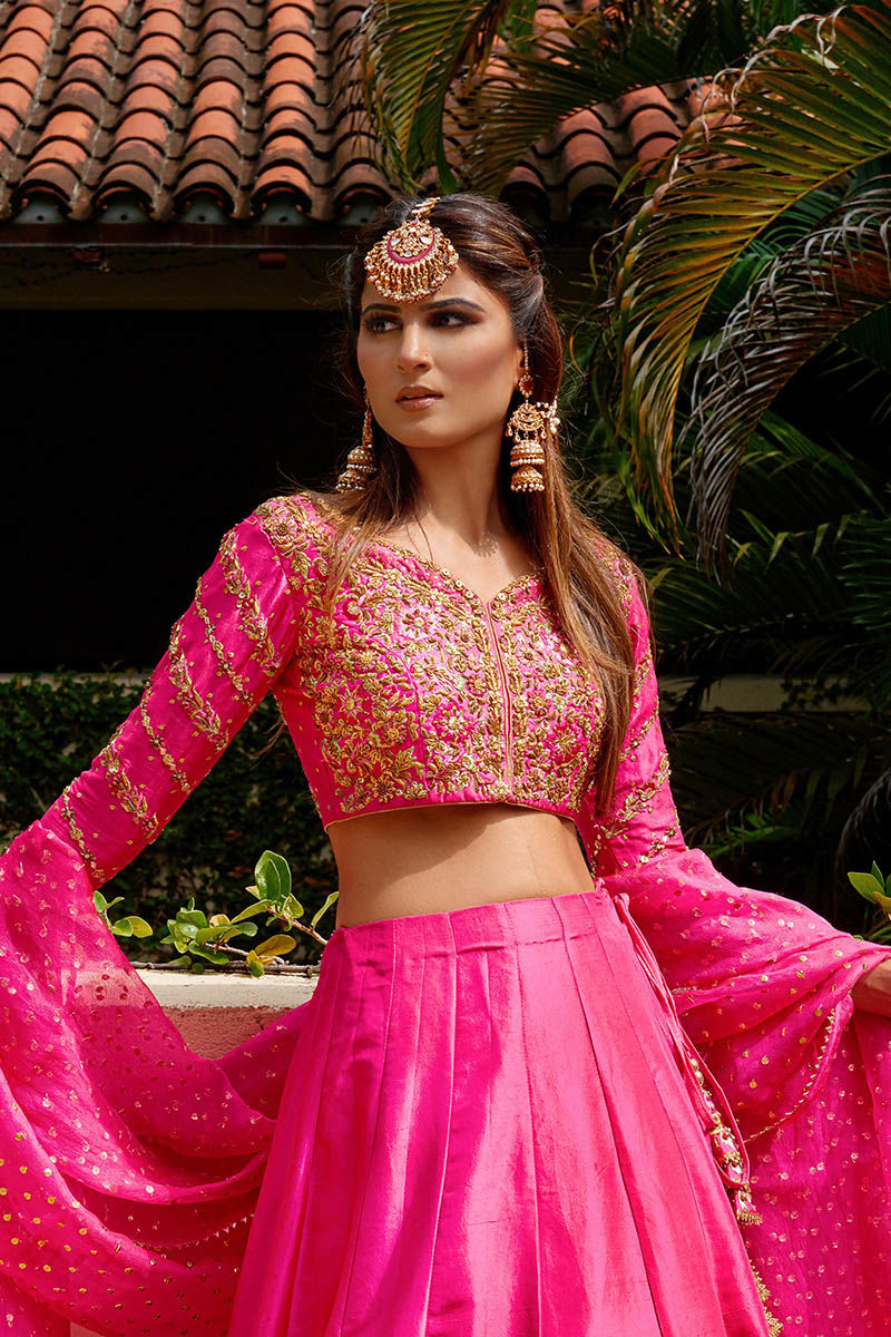 Fuchsia Pink Embroidered Raw Silk Lehenga (3-Piece) - Image 2