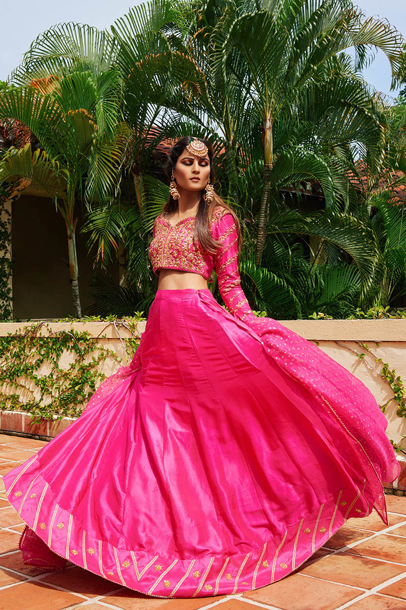 Fuchsia Pink Embroidered Raw Silk Lehenga (3-Piece) - Image 3