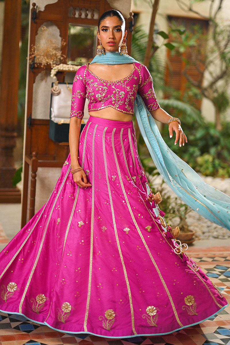 Fuchsia Pink Gota Embroidered Raw Silk Lehenga Choli (3-Piece) - Image 1