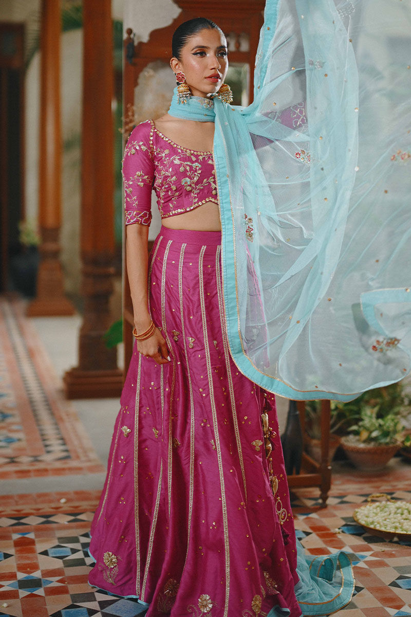 Fuchsia Pink Gota Embroidered Raw Silk Lehenga Choli (3-Piece) - Image 2