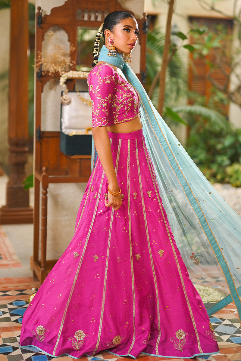 Fuchsia Pink Gota Embroidered Raw Silk Lehenga Choli (3-Piece) - Image 3