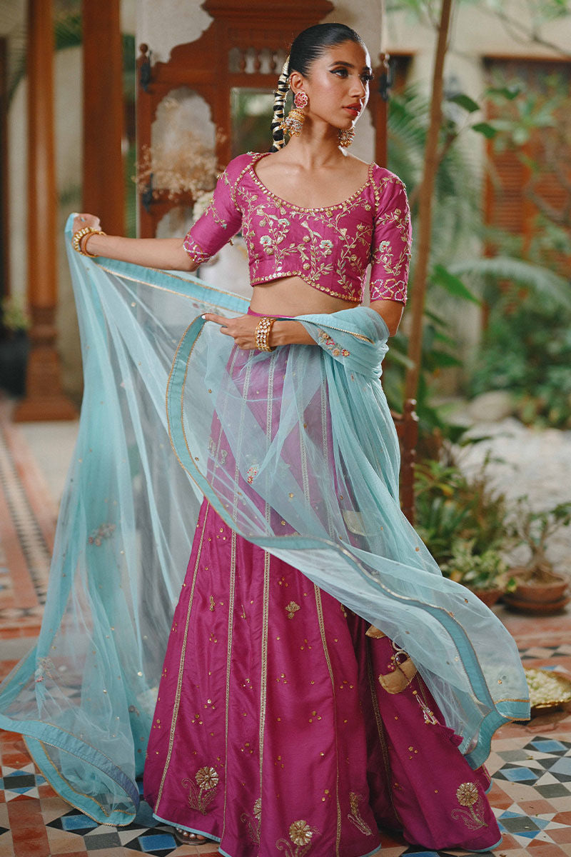 Fuchsia Pink Gota Embroidered Raw Silk Lehenga Choli (3-Piece) - Image 4