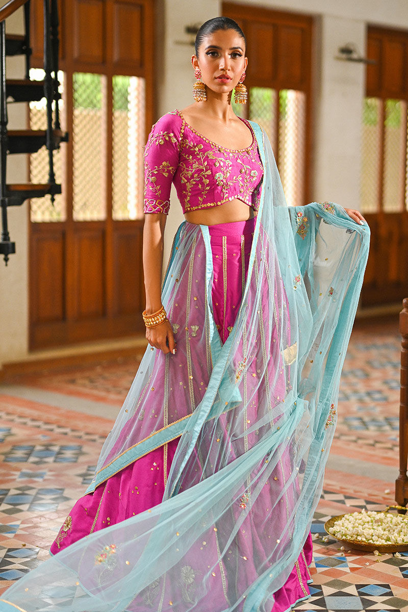 Fuchsia Pink Gota Embroidered Raw Silk Lehenga Choli (3-Piece) - Image 5
