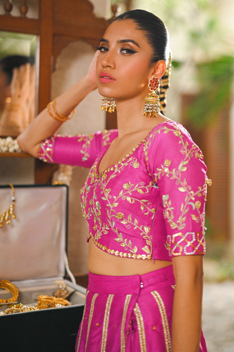 Fuchsia Pink Gota Embroidered Raw Silk Lehenga Choli (3-Piece) - Image 6