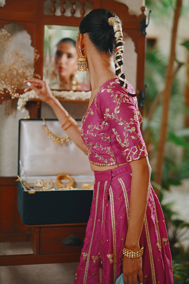 Fuchsia Pink Gota Embroidered Raw Silk Lehenga Choli (3-Piece) - Image 7