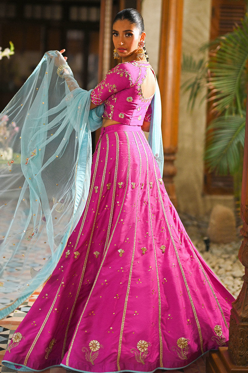 Fuchsia Pink Gota Embroidered Raw Silk Lehenga Choli (3-Piece) - Image 8