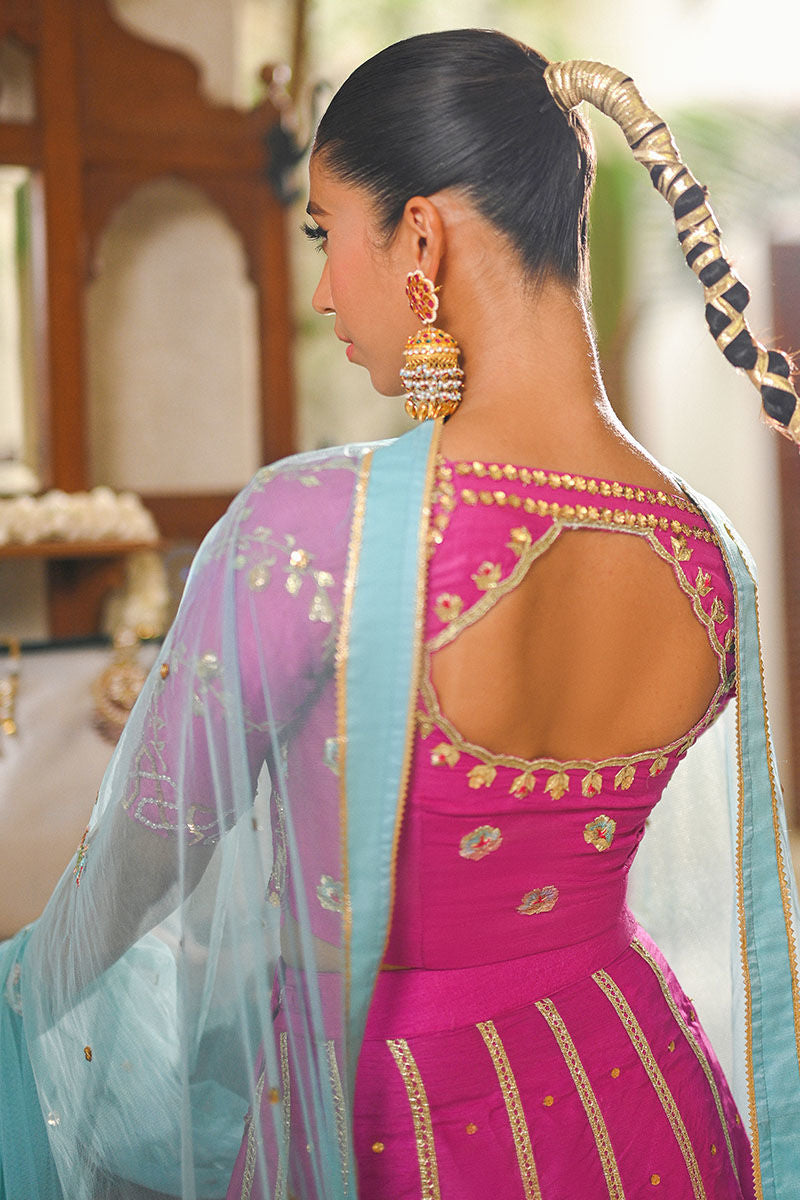 Fuchsia Pink Gota Embroidered Raw Silk Lehenga Choli (3-Piece) - Image 9