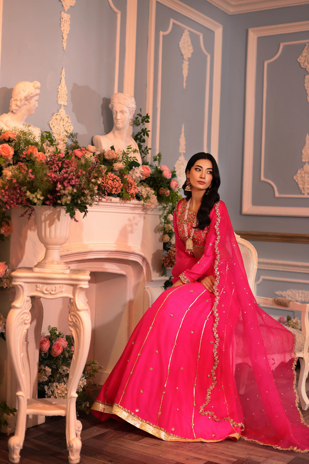 Fuchsia Hand Ada Embroidered Raw Silk Lehenga Choli (3-Piece) - Image 1