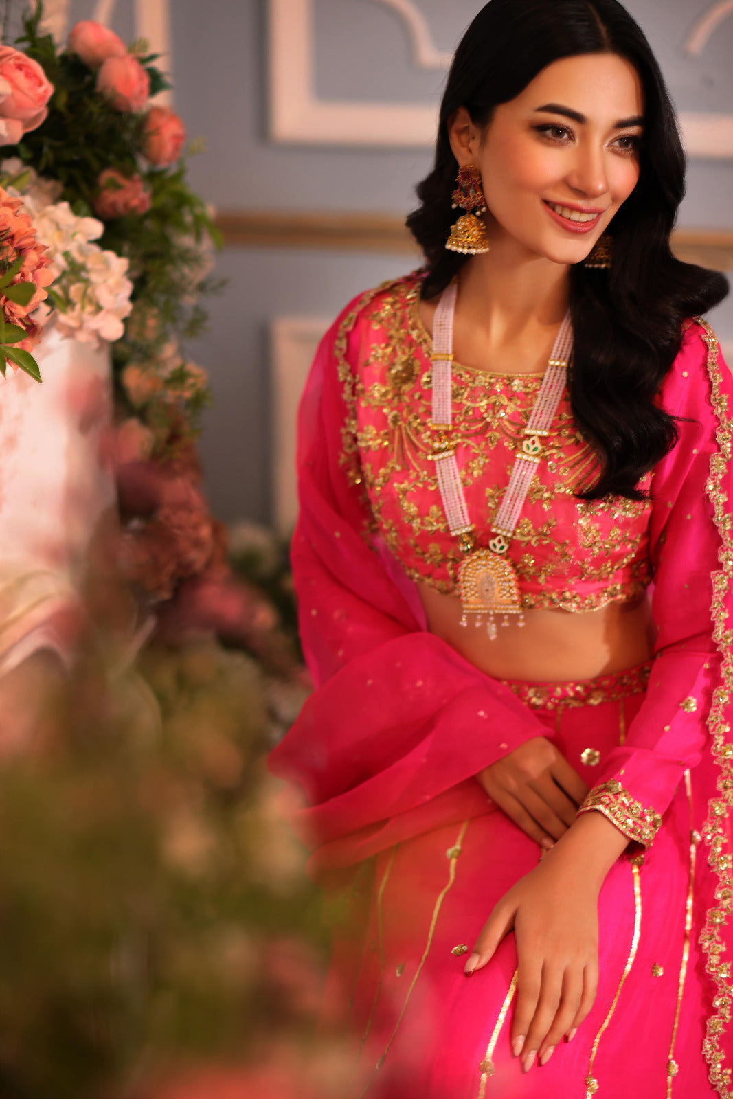 Fuchsia Hand Ada Embroidered Raw Silk Lehenga Choli (3-Piece) - Image 2