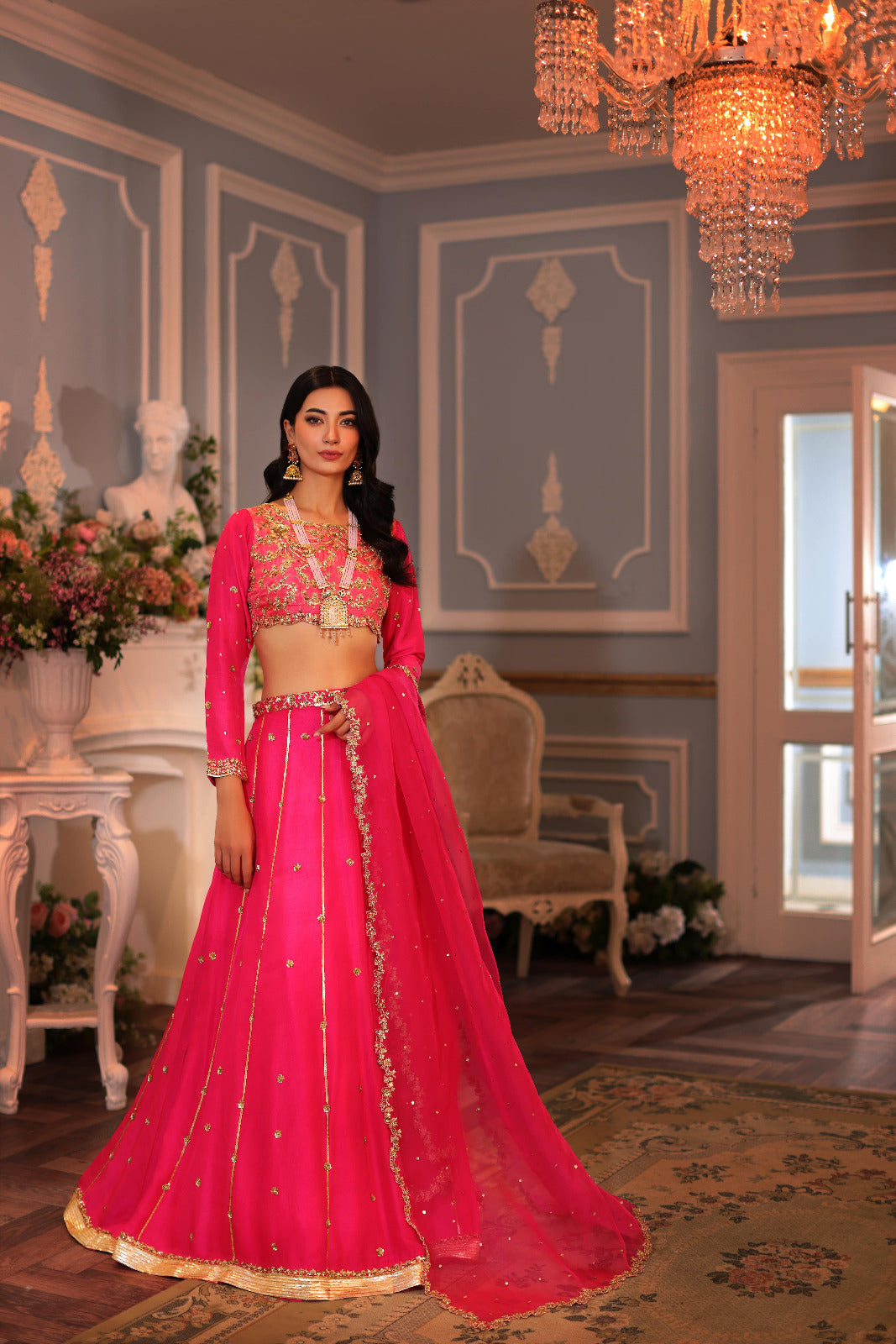 Fuchsia Hand Ada Embroidered Raw Silk Lehenga Choli (3-Piece) - Image 3