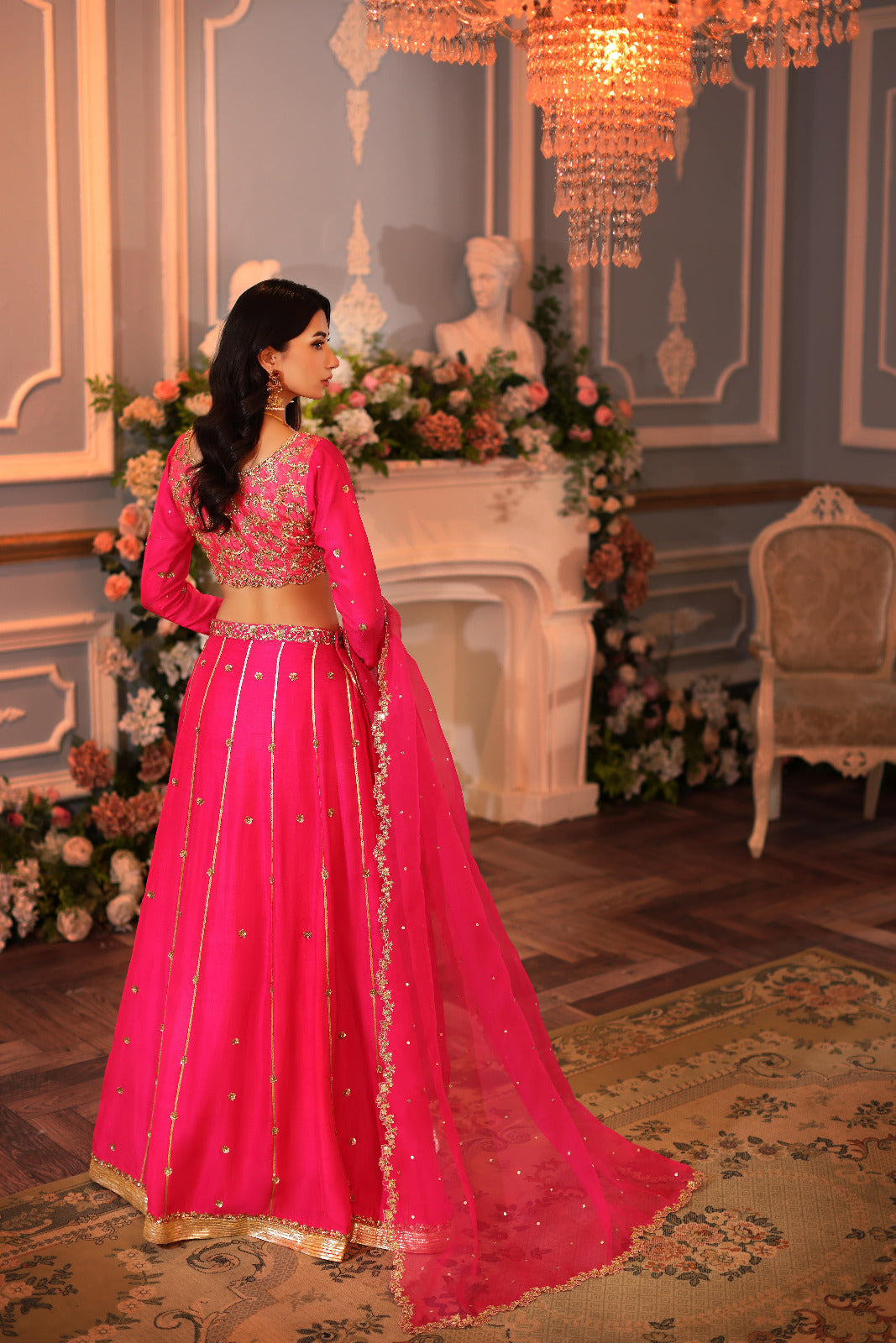 Fuchsia Hand Ada Embroidered Raw Silk Lehenga Choli (3-Piece) - Image 4