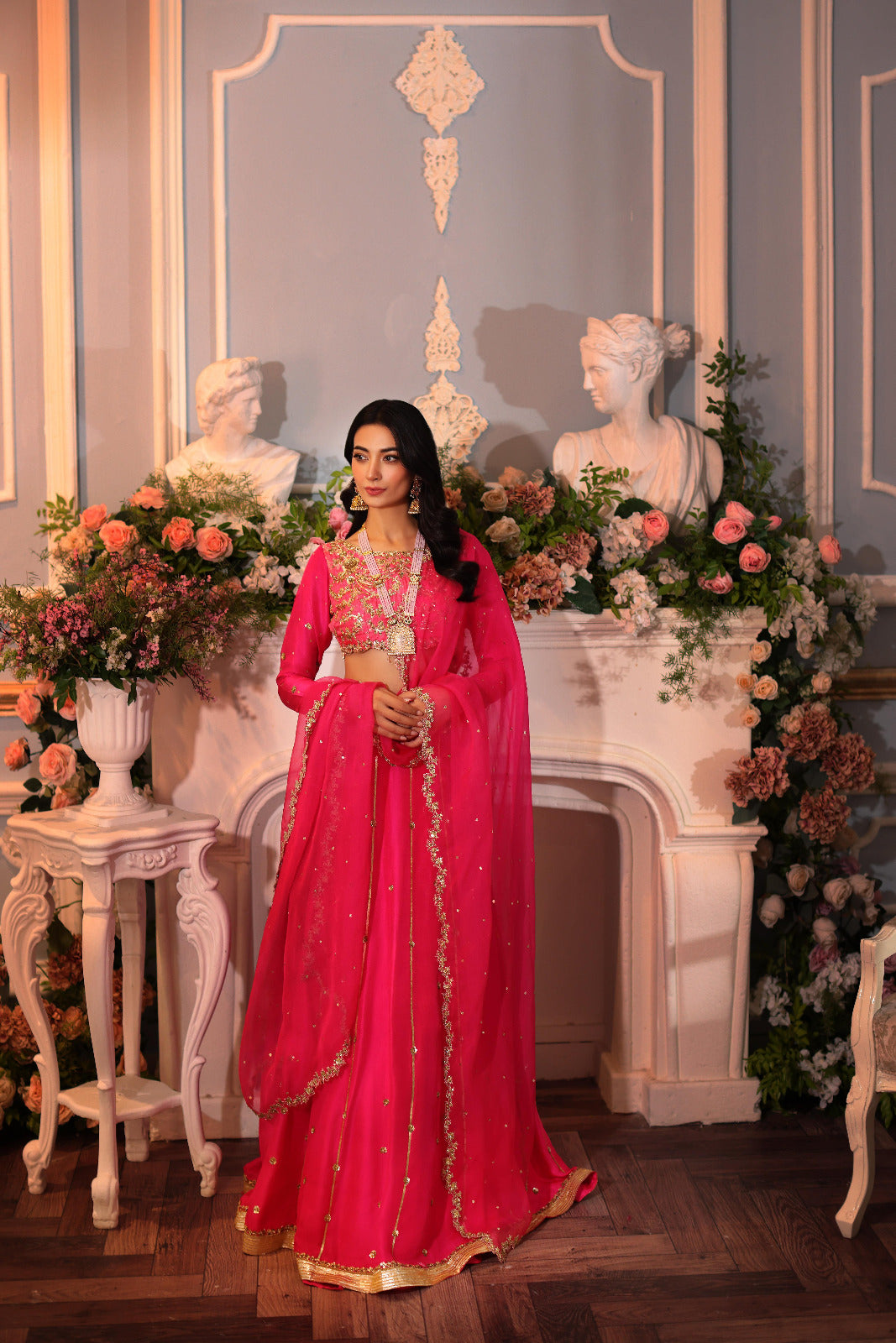 Fuchsia Hand Ada Embroidered Raw Silk Lehenga Choli (3-Piece) - Image 5