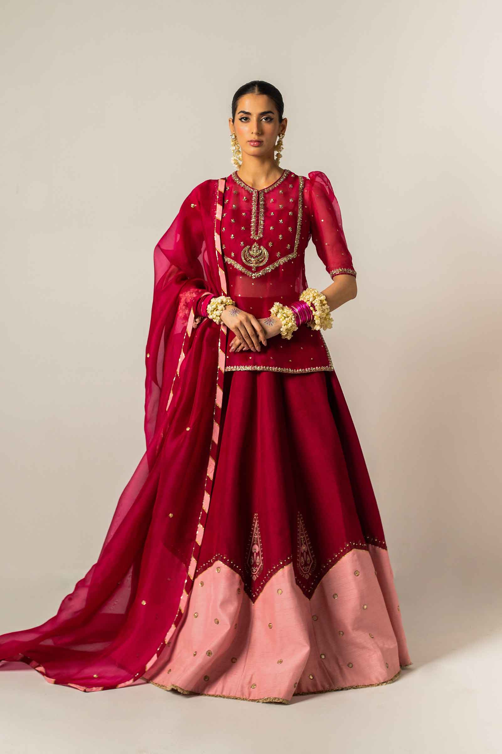Deep Pink Zardozi Organza & Raw Silk Kurta Lehenga (3-Piece) - Image 1