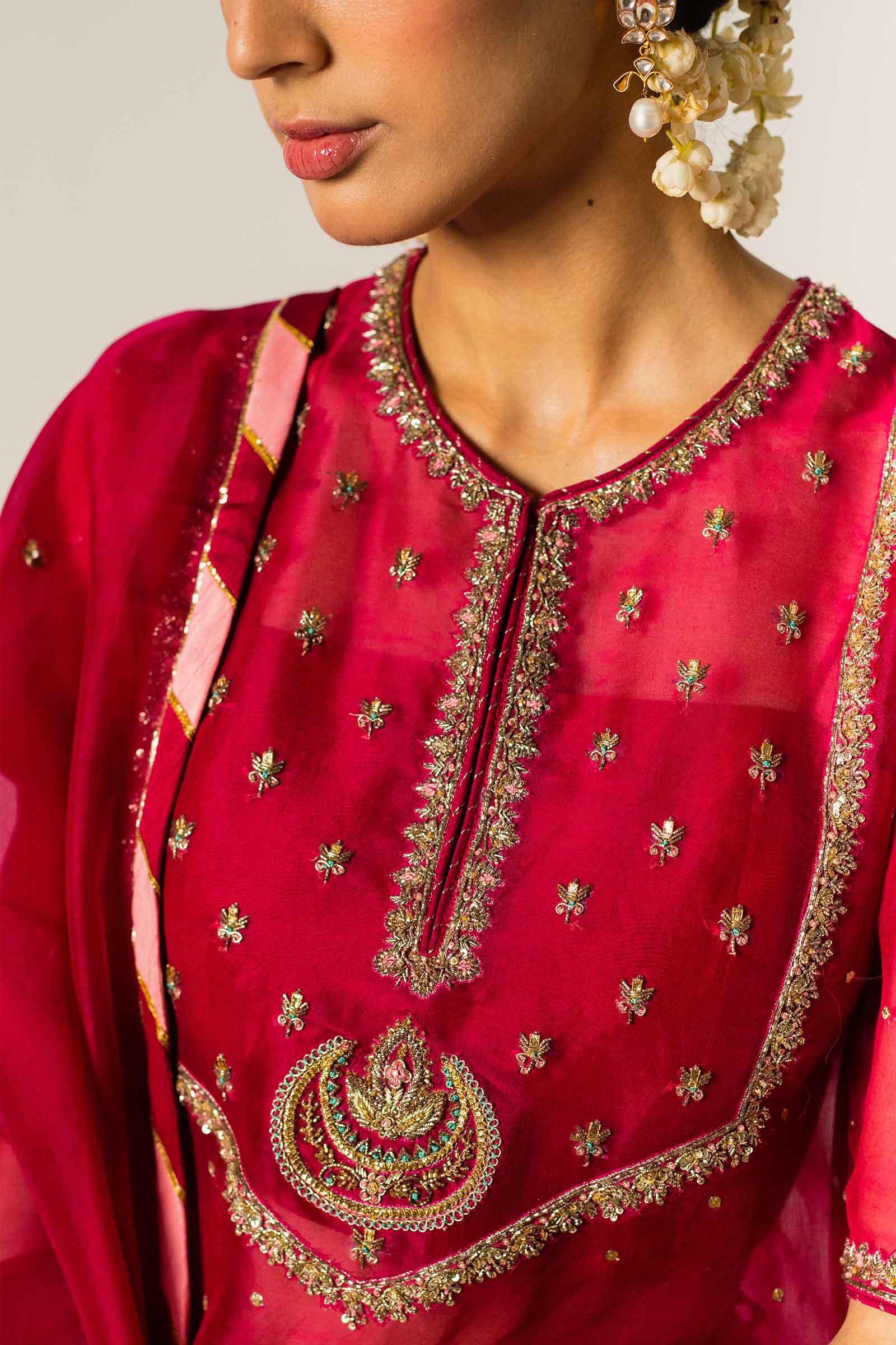Deep Pink Zardozi Organza & Raw Silk Kurta Lehenga (3-Piece) - Image 2