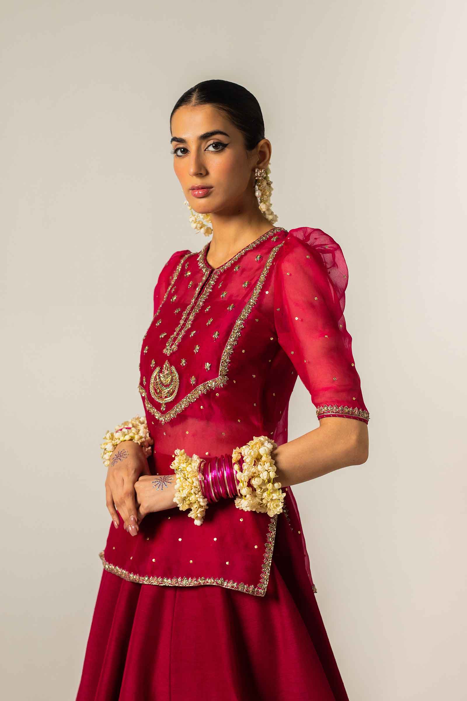 Deep Pink Zardozi Organza & Raw Silk Kurta Lehenga (3-Piece) - Image 3