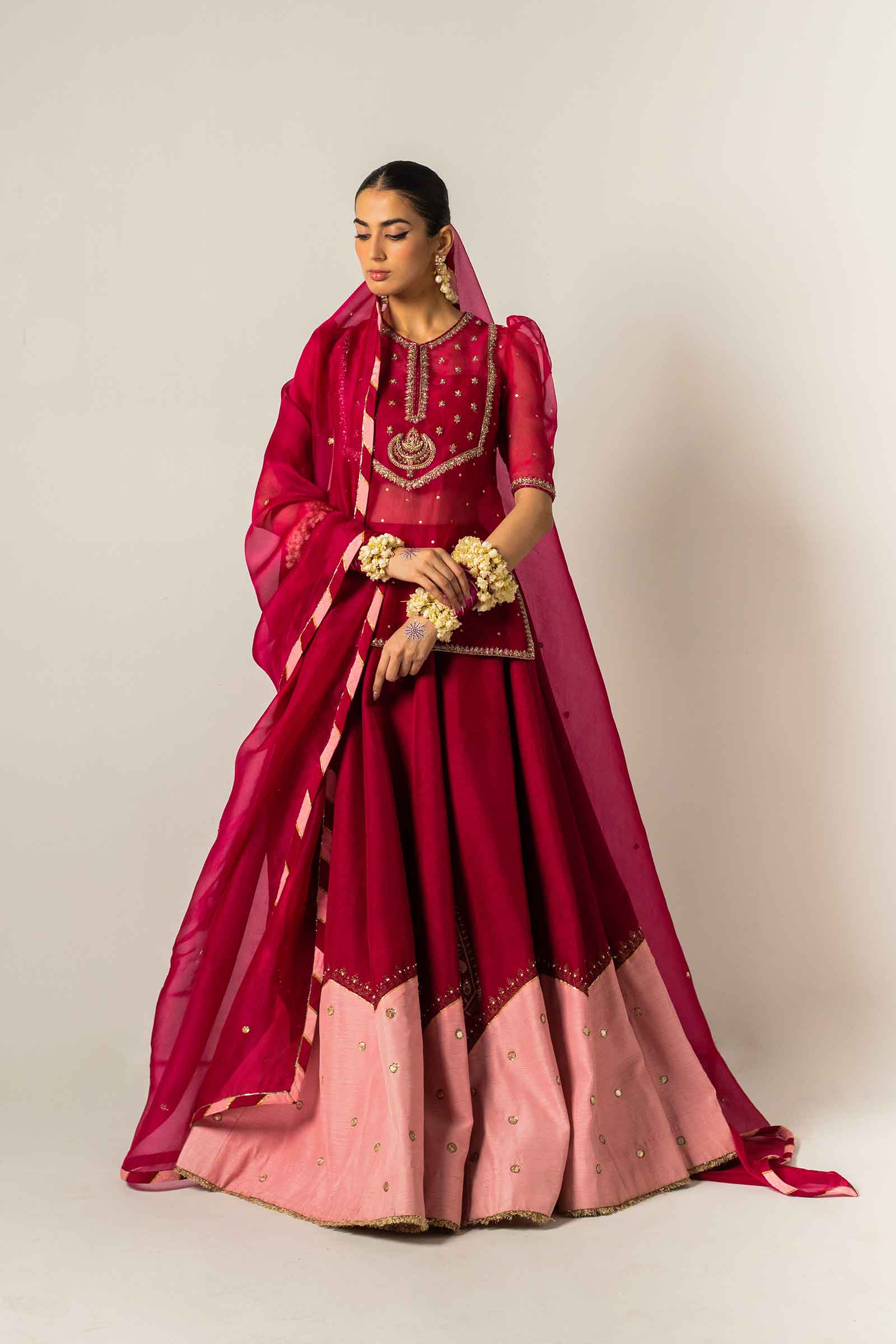Deep Pink Zardozi Organza & Raw Silk Kurta Lehenga (3-Piece) - Image 4