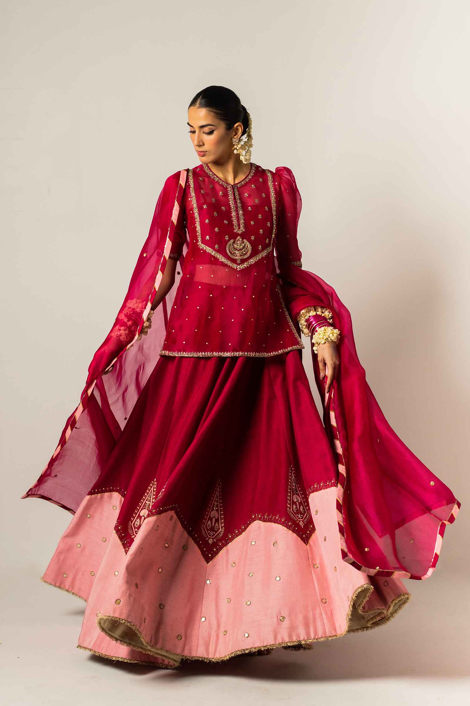 Deep Pink Zardozi Organza & Raw Silk Kurta Lehenga (3-Piece) - Image 5