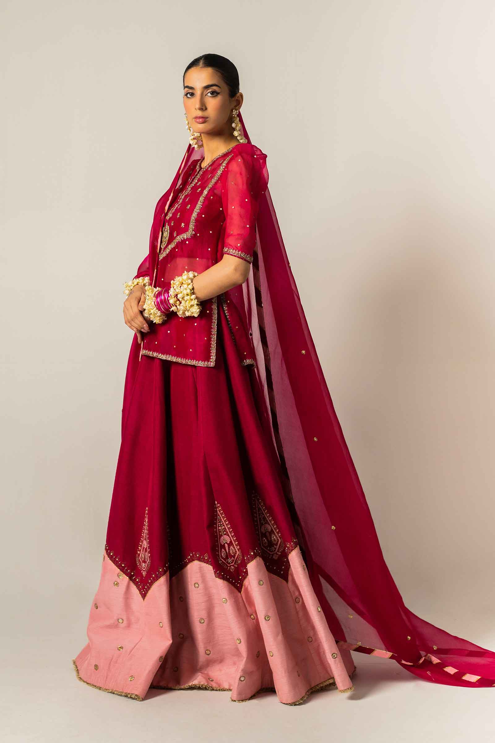 Deep Pink Zardozi Organza & Raw Silk Kurta Lehenga (3-Piece) - Image 6