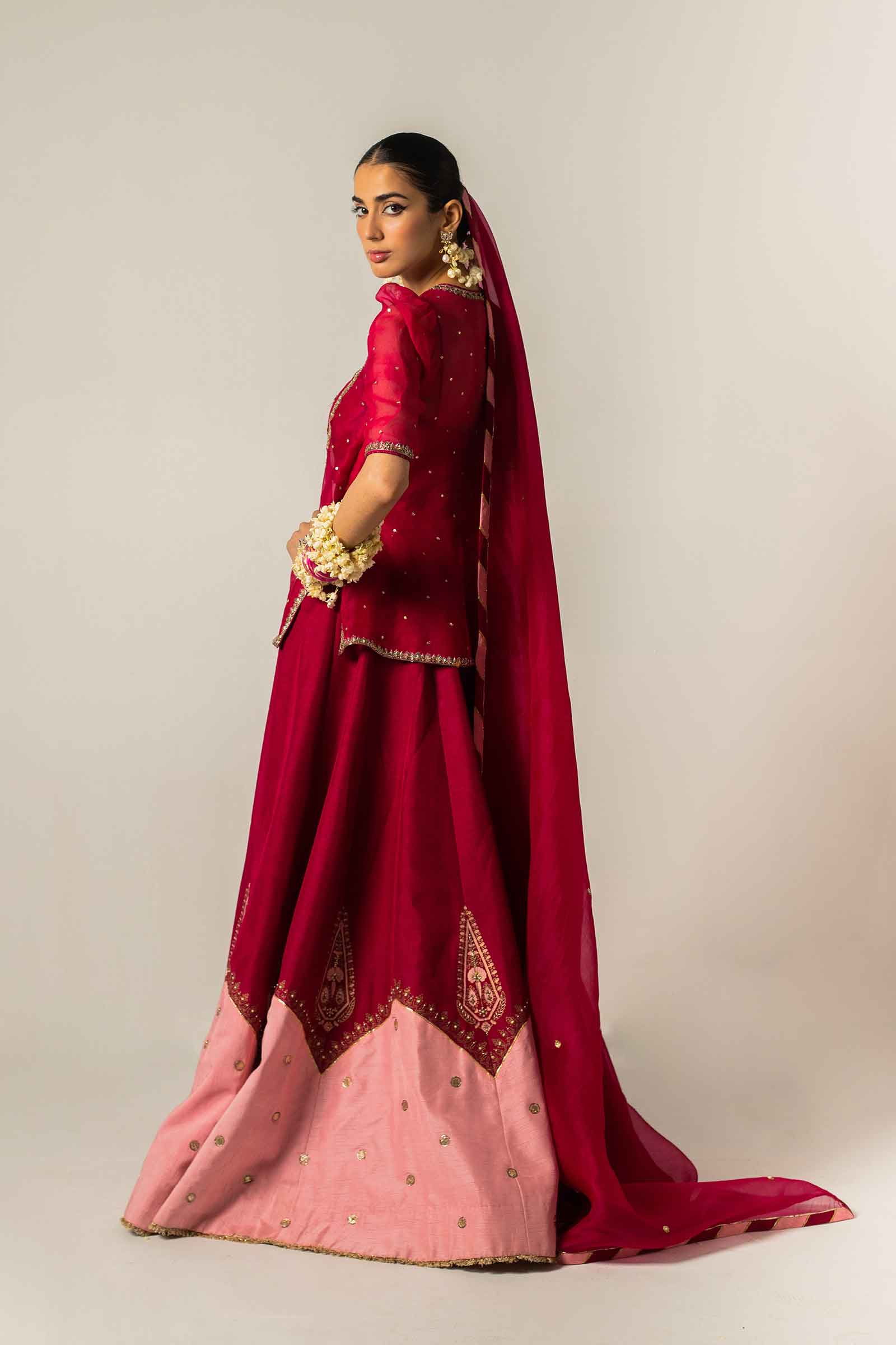 Deep Pink Zardozi Organza & Raw Silk Kurta Lehenga (3-Piece) - Image 7