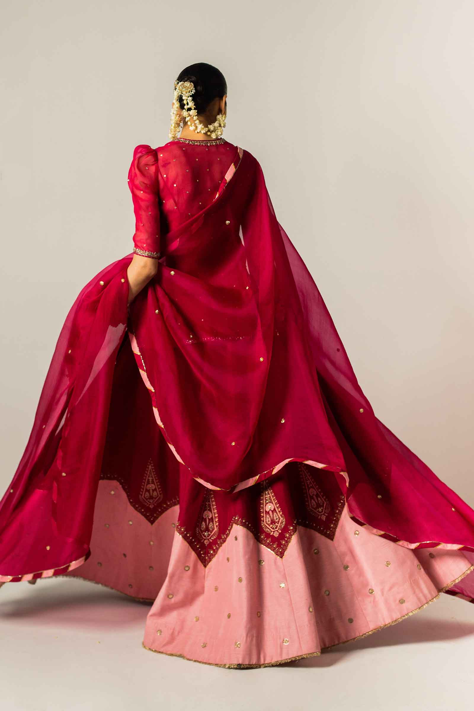 Deep Pink Zardozi Organza & Raw Silk Kurta Lehenga (3-Piece) - Image 8
