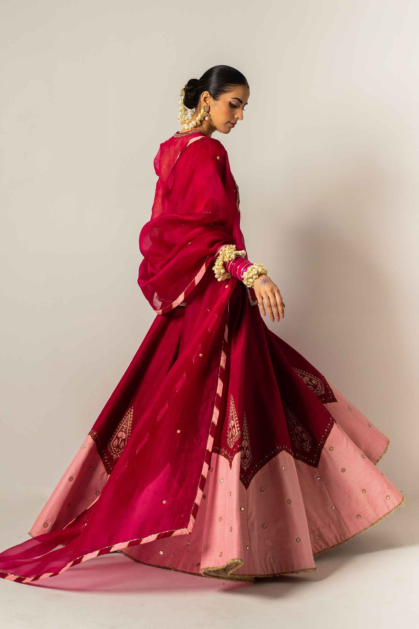 Deep Pink Zardozi Organza & Raw Silk Kurta Lehenga (3-Piece) - Image 9