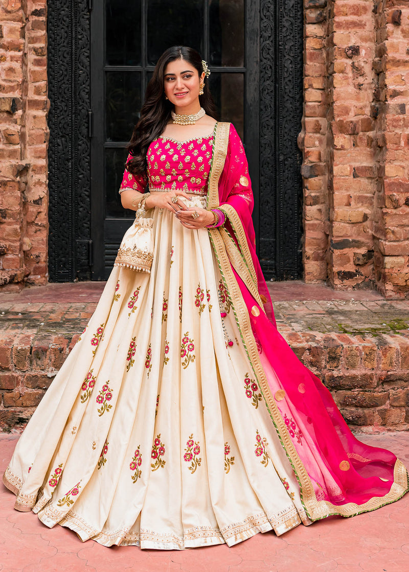 Hot Pink & Ivory Gota Work Rawsilk Lehenga Choli (3-Piece) - Image 1