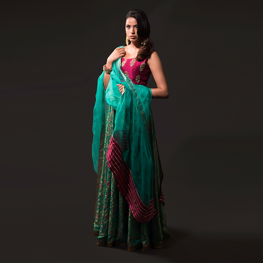 Berry Gold Embroidered Silk Blouse & Brocade Lehenga (3-Piece) - Image 1