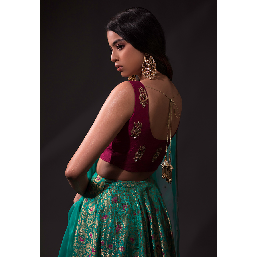Berry Gold Embroidered Silk Blouse & Brocade Lehenga (3-Piece) - Image 2