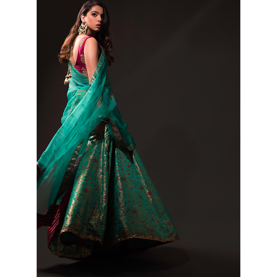 Berry Gold Embroidered Silk Blouse & Brocade Lehenga (3-Piece) - Image 4