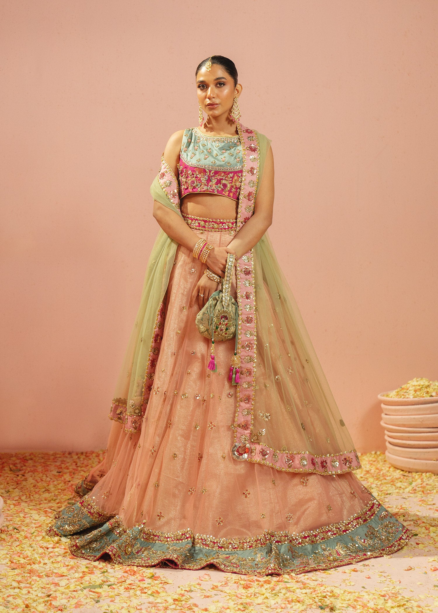 Pakistani Peach & Aqua Embroidered Satin Silk Net Lehenga Choli (3-Piece) - Image 1