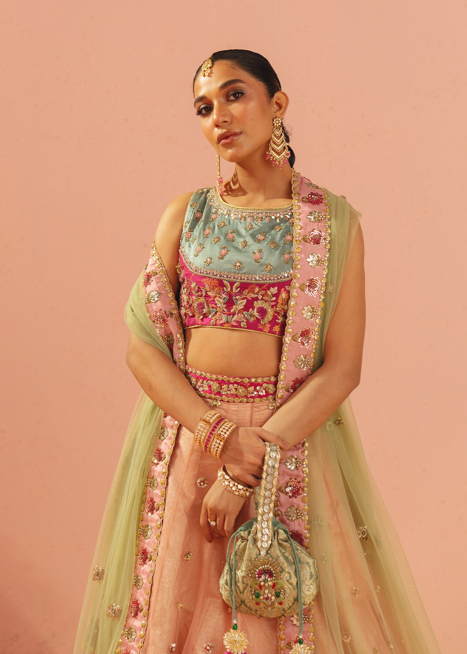 Pakistani Peach & Aqua Embroidered Satin Silk Net Lehenga Choli (3-Piece) - Image 2