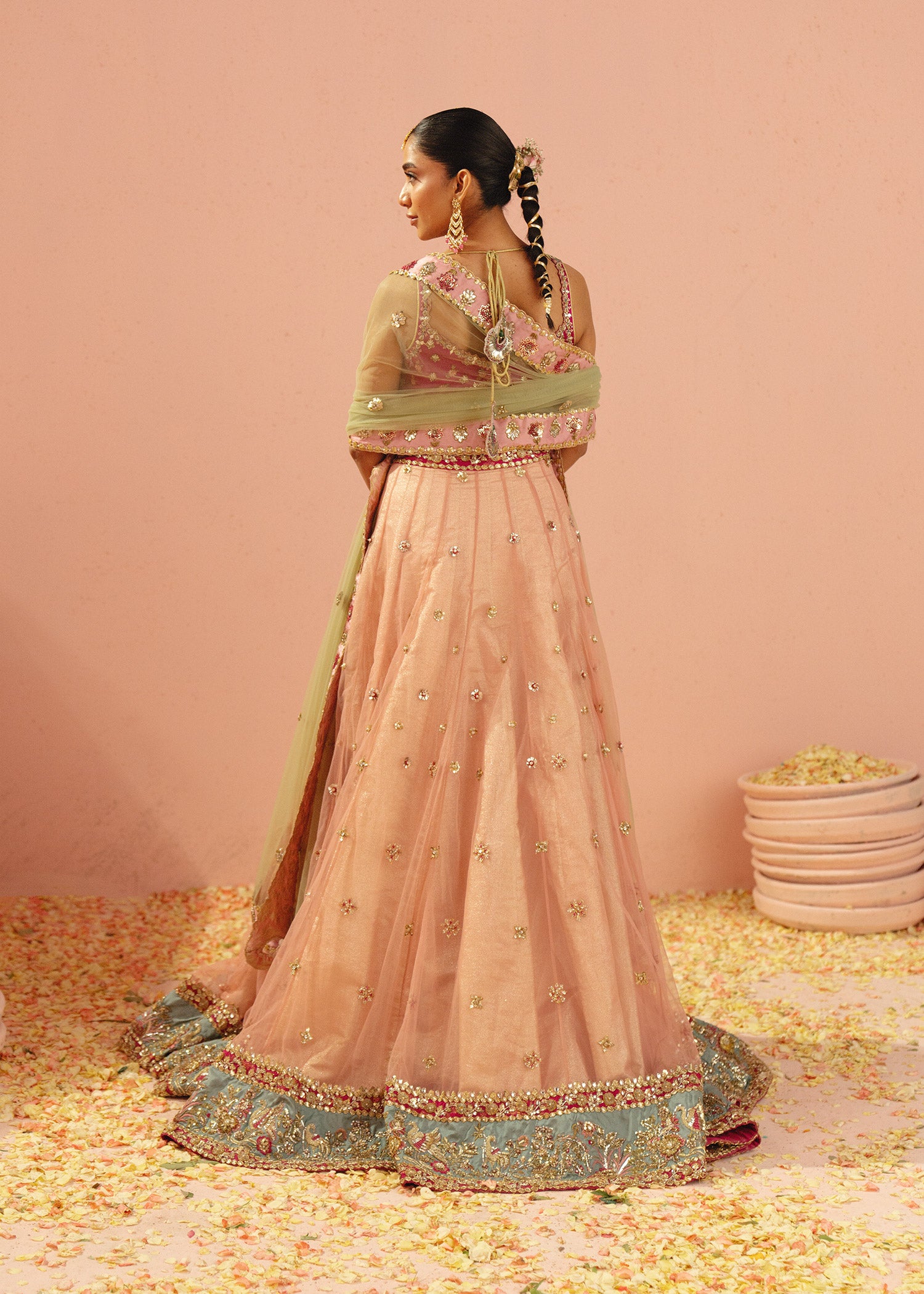 Pakistani Peach & Aqua Embroidered Satin Silk Net Lehenga Choli (3-Piece) - Image 3