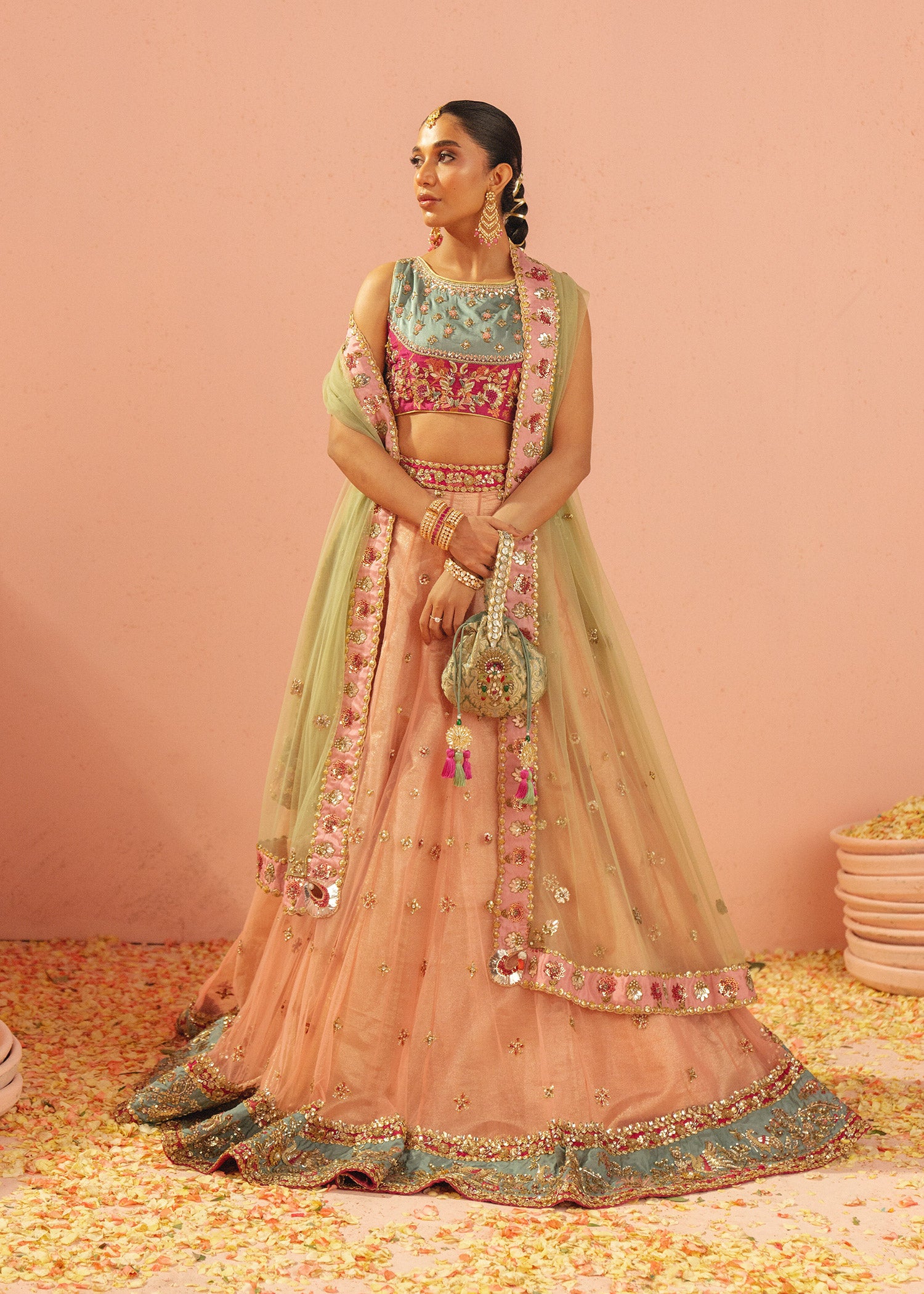 Pakistani Peach & Aqua Embroidered Satin Silk Net Lehenga Choli (3-Piece) - Image 5