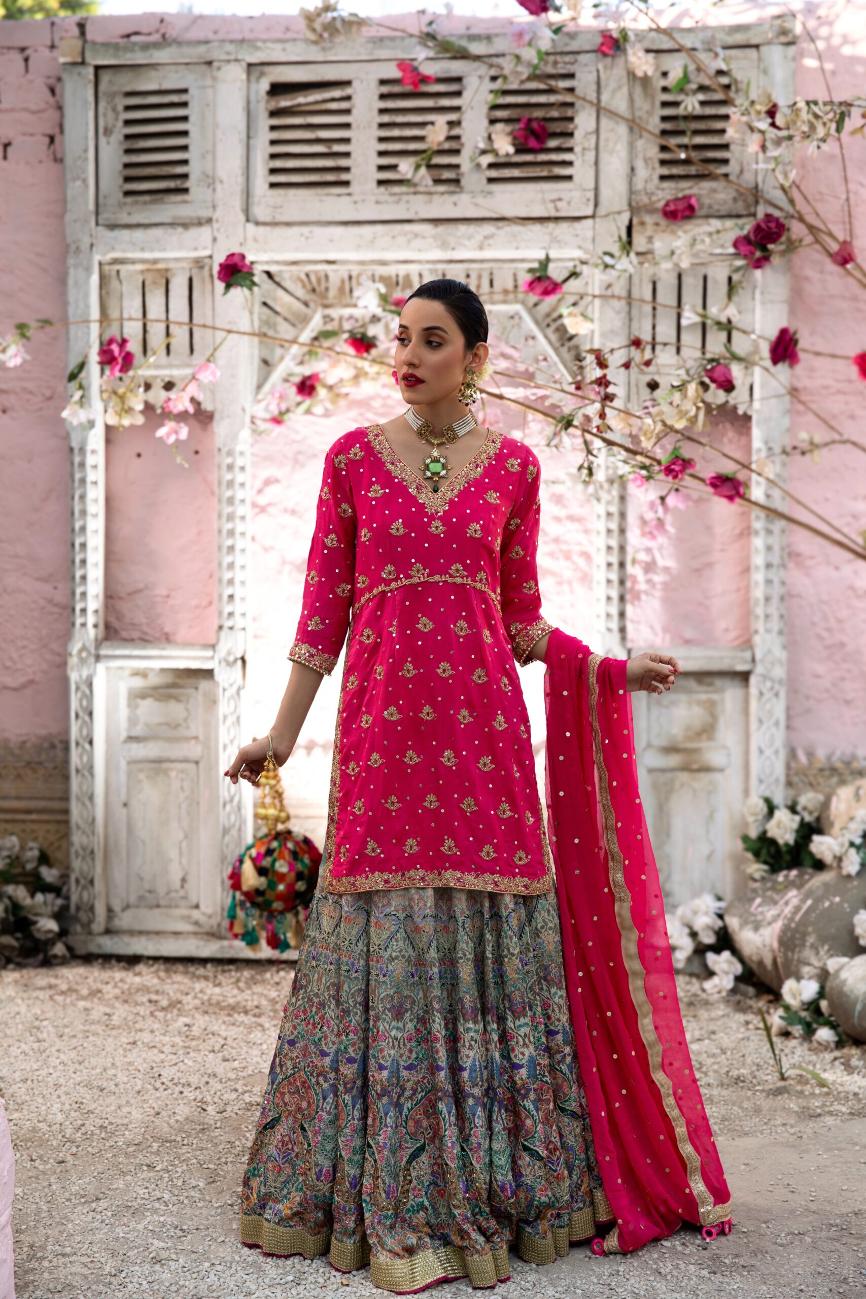 Hot Pink Embroidered Silk-Blend Lehenga Choli (3-Piece) - Image 1