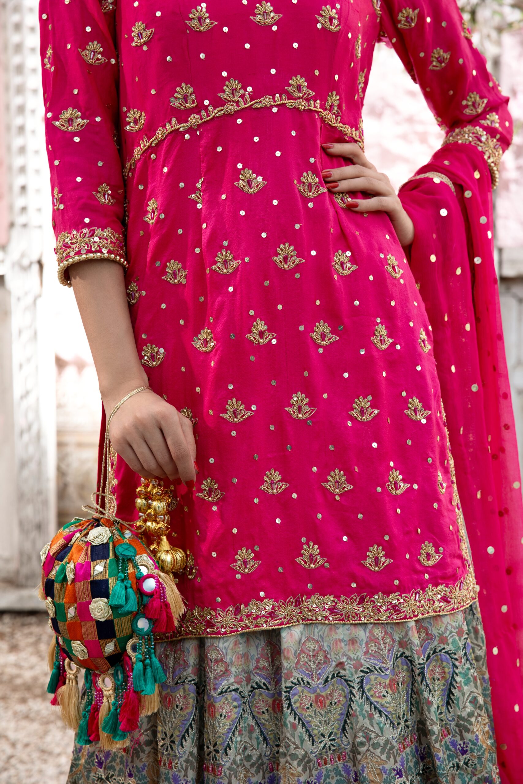 Hot Pink Embroidered Silk-Blend Lehenga Choli (3-Piece) - Image 4