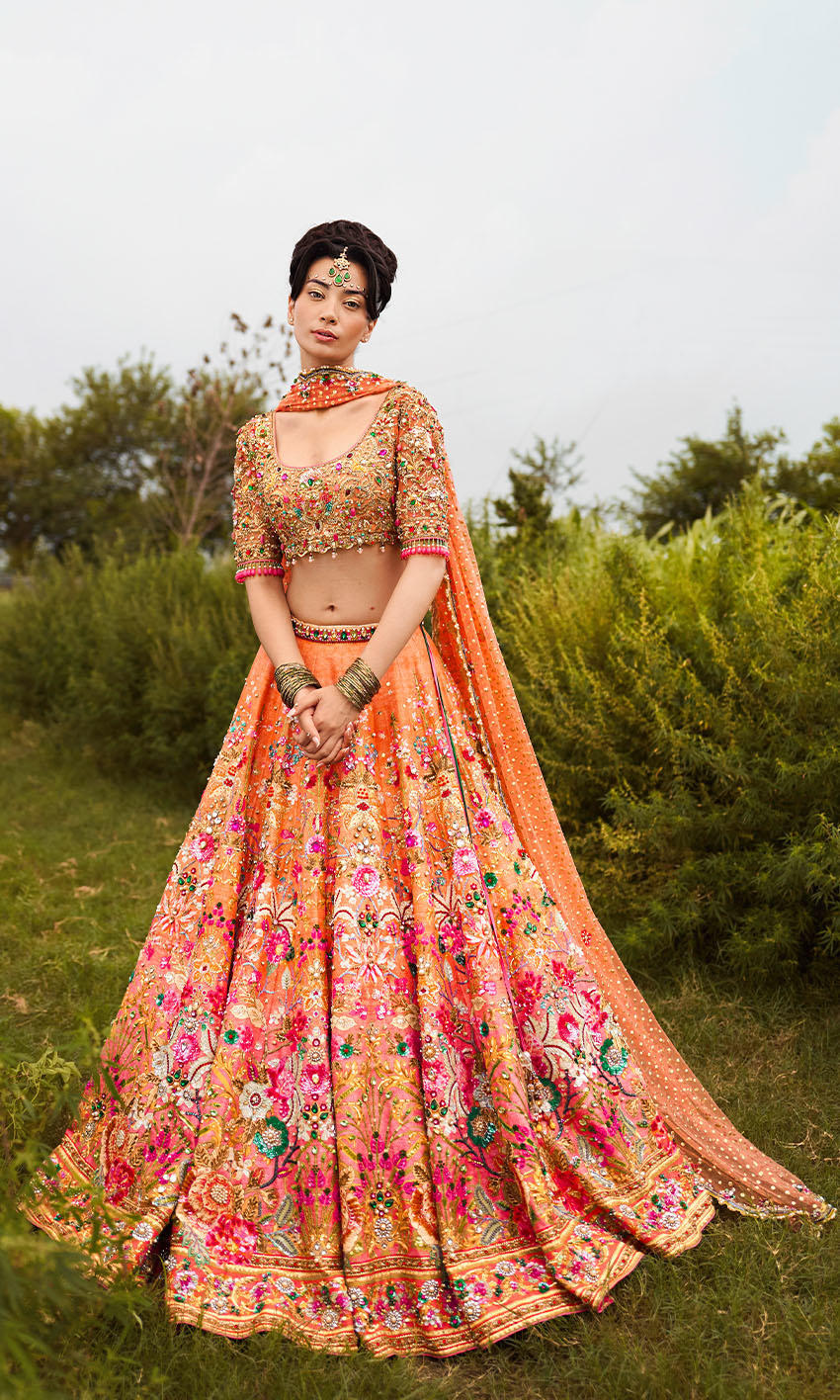 Pakistani Coral Hand-Embroidered Silk-Blend Lehenga (3-Piece) - Image 1