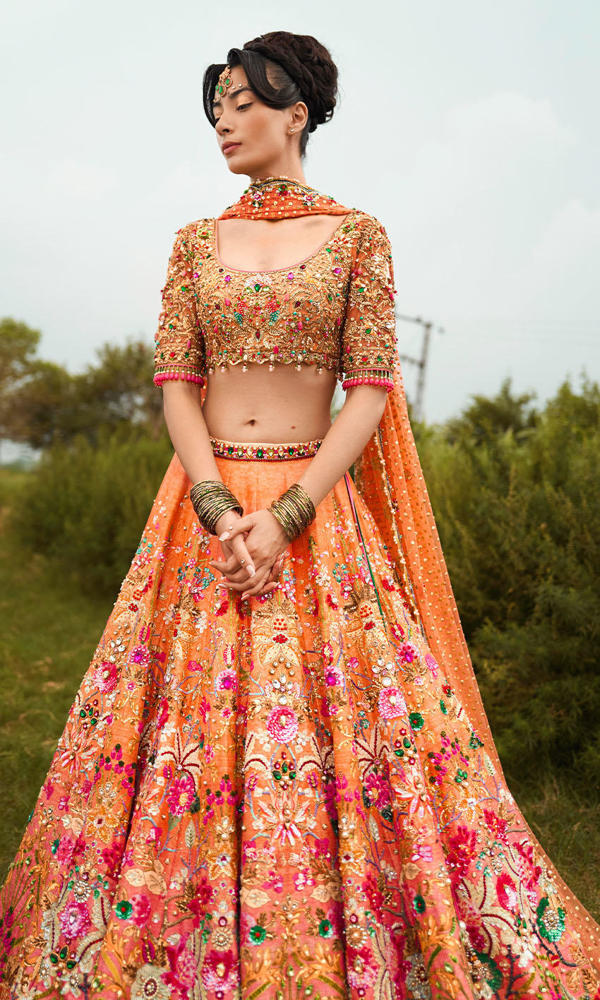 Pakistani Coral Hand-Embroidered Silk-Blend Lehenga (3-Piece) - Image 3