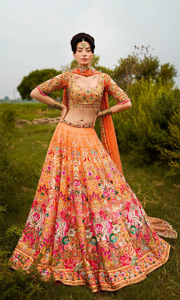 Pakistani Coral Hand-Embroidered Silk-Blend Lehenga (3-Piece) - Image 4