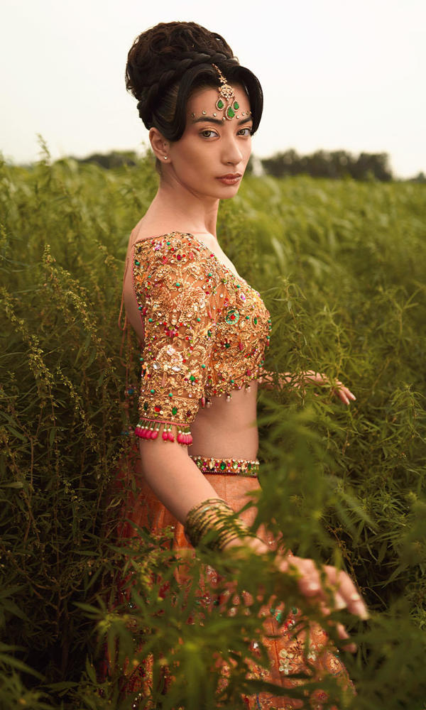 Pakistani Coral Hand-Embroidered Silk-Blend Lehenga (3-Piece) - Image 5