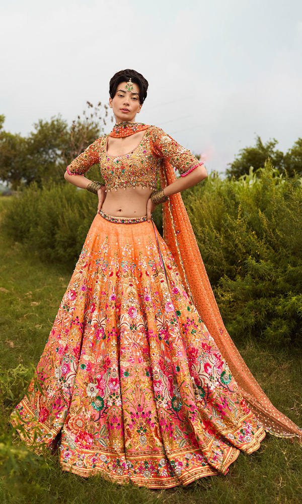 Pakistani Coral Hand-Embroidered Silk-Blend Lehenga (3-Piece) - Image 6