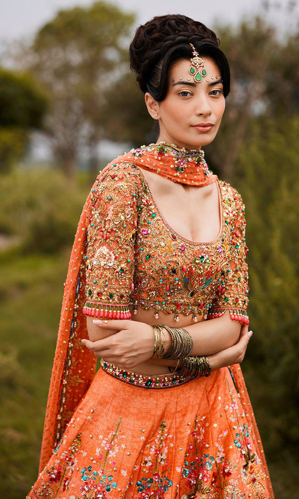 Pakistani Coral Hand-Embroidered Silk-Blend Lehenga (3-Piece) - Image 7