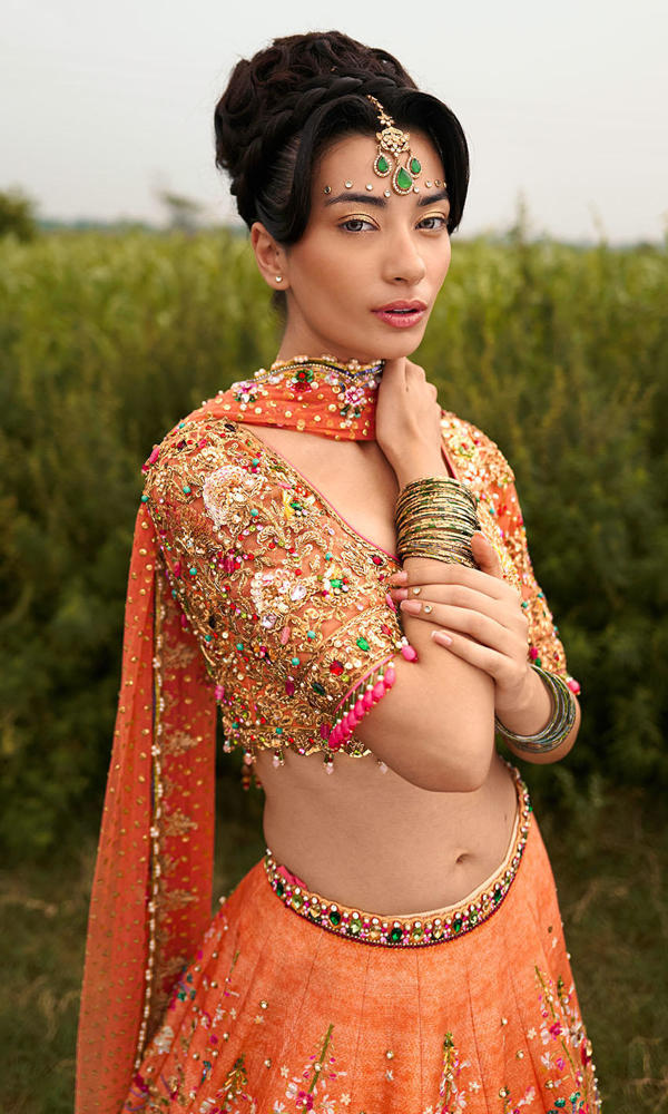 Pakistani Coral Hand-Embroidered Silk-Blend Lehenga (3-Piece) - Image 8