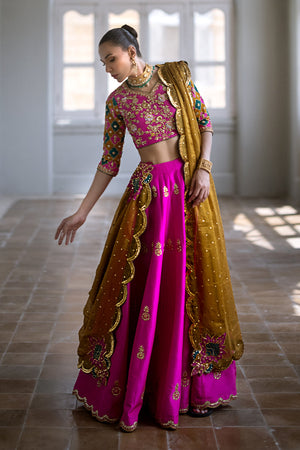 Fuchsia Embroidered Pure Silk Lehenga (3-Piece) - Image 1