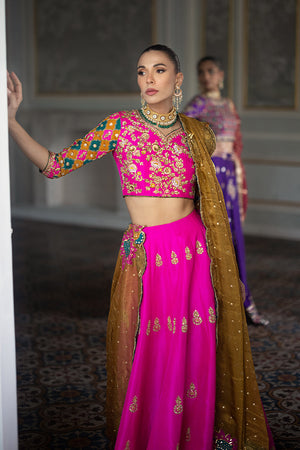 Fuchsia Embroidered Pure Silk Lehenga (3-Piece) - Image 2