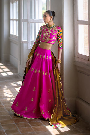 Fuchsia Embroidered Pure Silk Lehenga (3-Piece) - Image 4