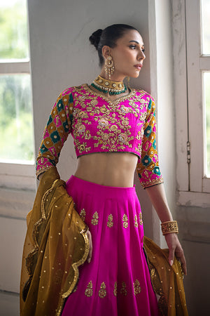 Fuchsia Embroidered Pure Silk Lehenga (3-Piece) - Image 5