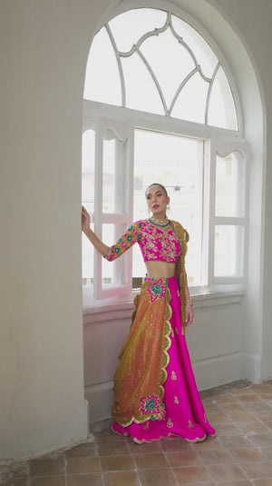 Fuchsia Embroidered Pure Silk Lehenga (3-Piece) - Image 8