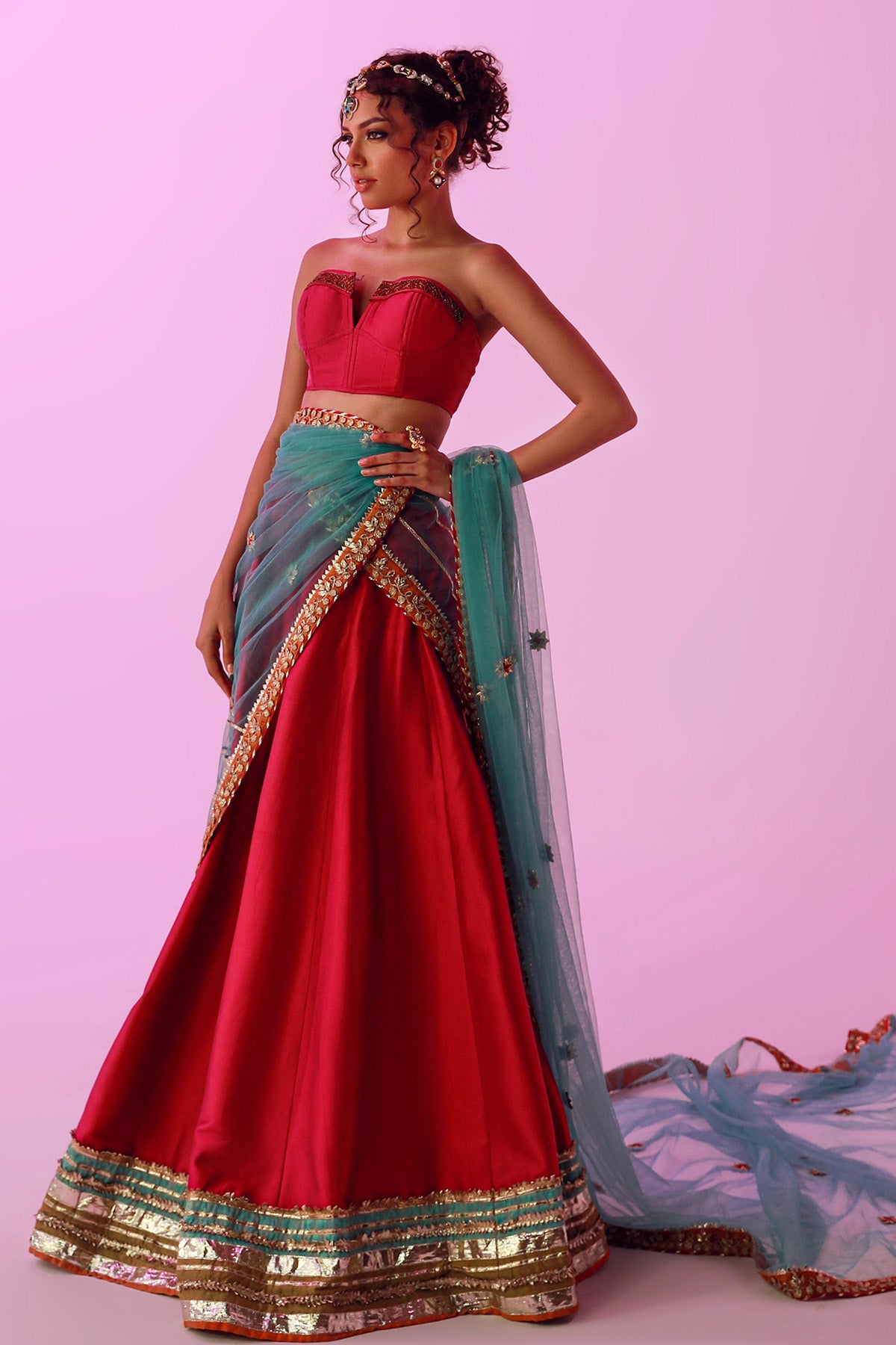 Fuchsia Pink Gota Work Silk Lehenga (3-Piece) - Image 1